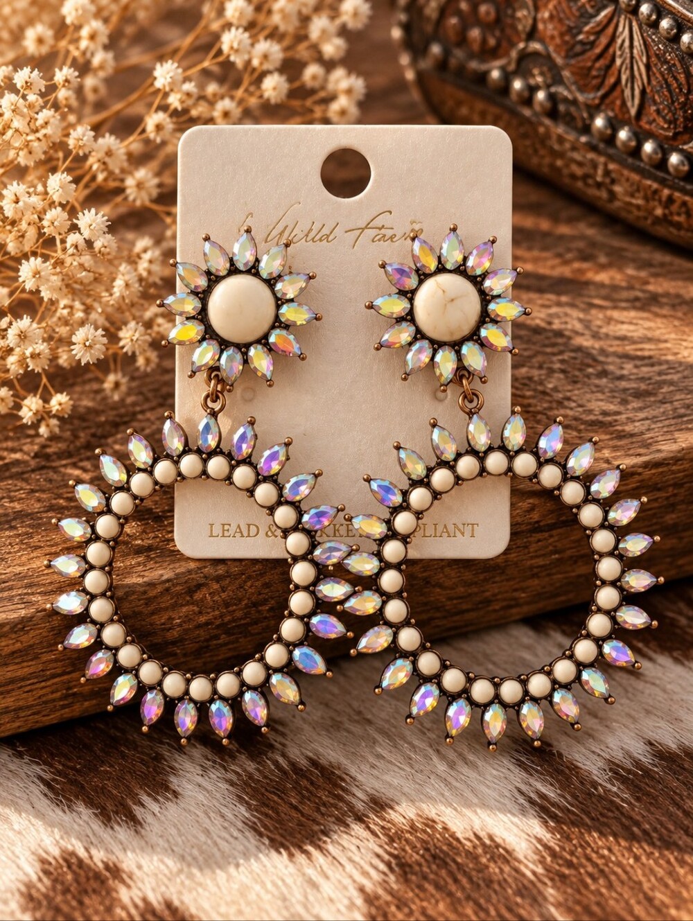 Wildflowers Iridescent Rhinestones & Cream Statement Hoop Earrings